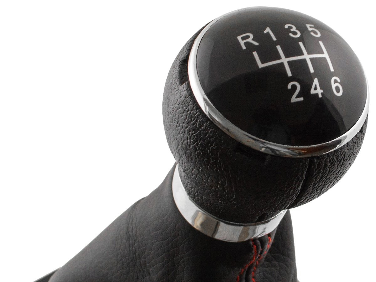 VW Jetta 06-12 gałka zmiany biegów + CZARNY mieszek z CZERWONĄ nitką i ramką CHROM 6 BIEGÓW
