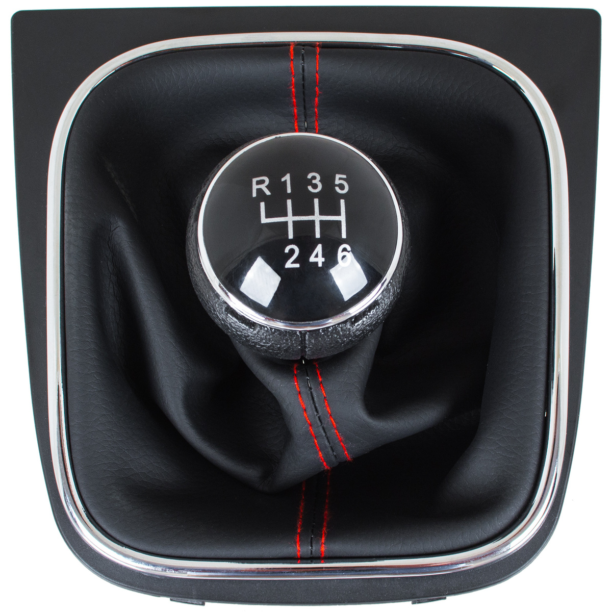 VW Jetta 06-12 gałka zmiany biegów + CZARNY mieszek z CZERWONĄ nitką i ramką CHROM 6 BIEGÓW