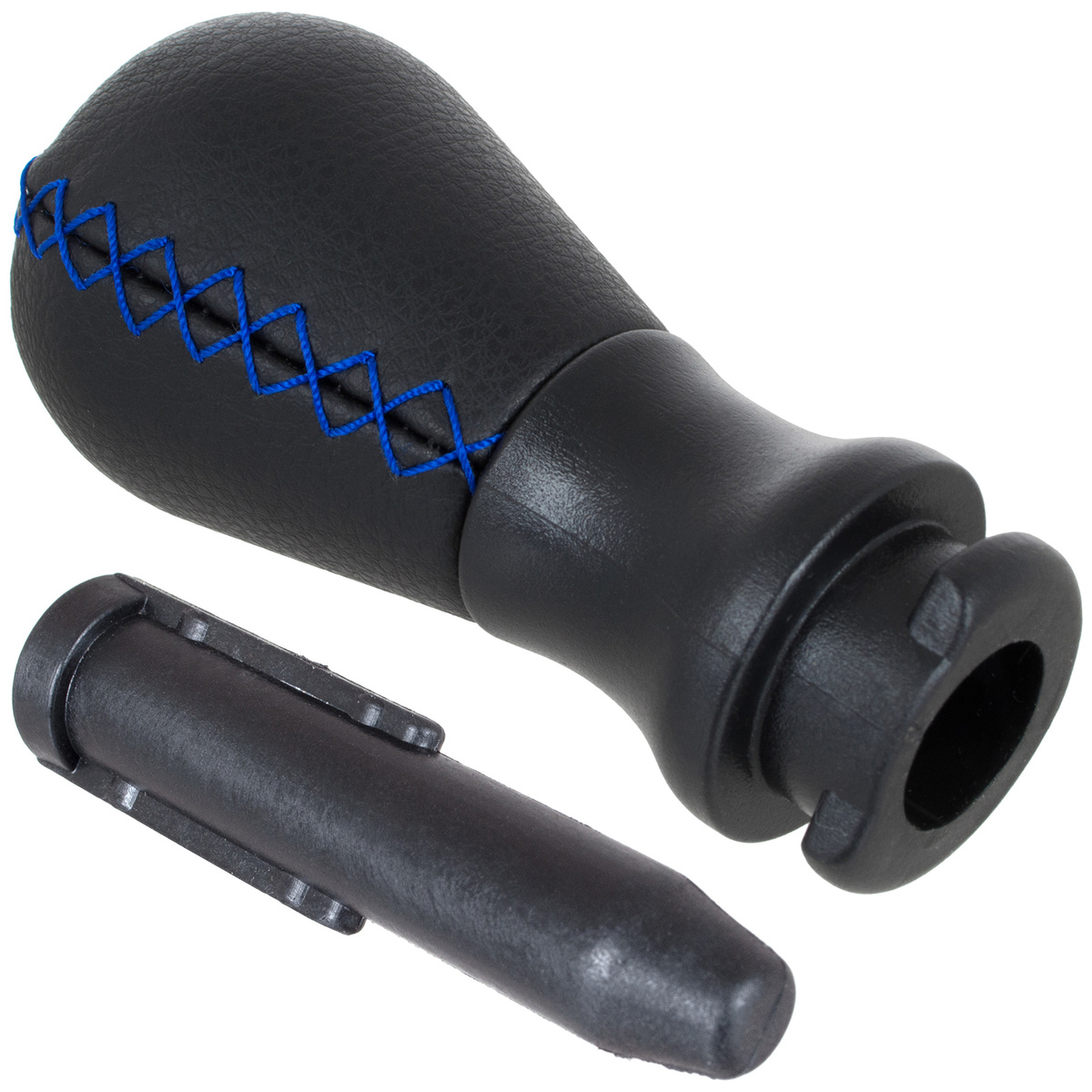 Peugeot 206 / 206+ gałka zmiany biegów CZARNA SKÓRA + NIEBIESKA NITKA 5 BIEGÓW + adapter / przejściówka dźwigni drążka gałki zmiany biegów 2 szt. KPL