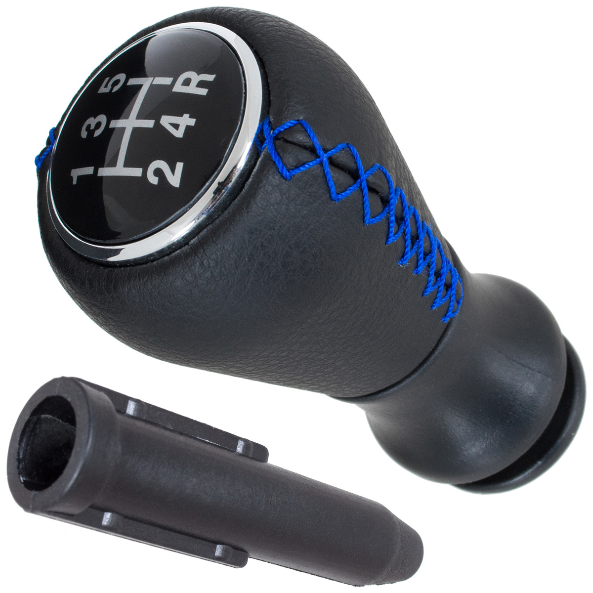 Peugeot 607 gałka zmiany biegów CZARNA SKÓRA + NIEBIESKA NITKA 5 BIEGÓW + adapter / przejściówka dźwigni drążka gałki zmiany biegów 2 szt. KPL