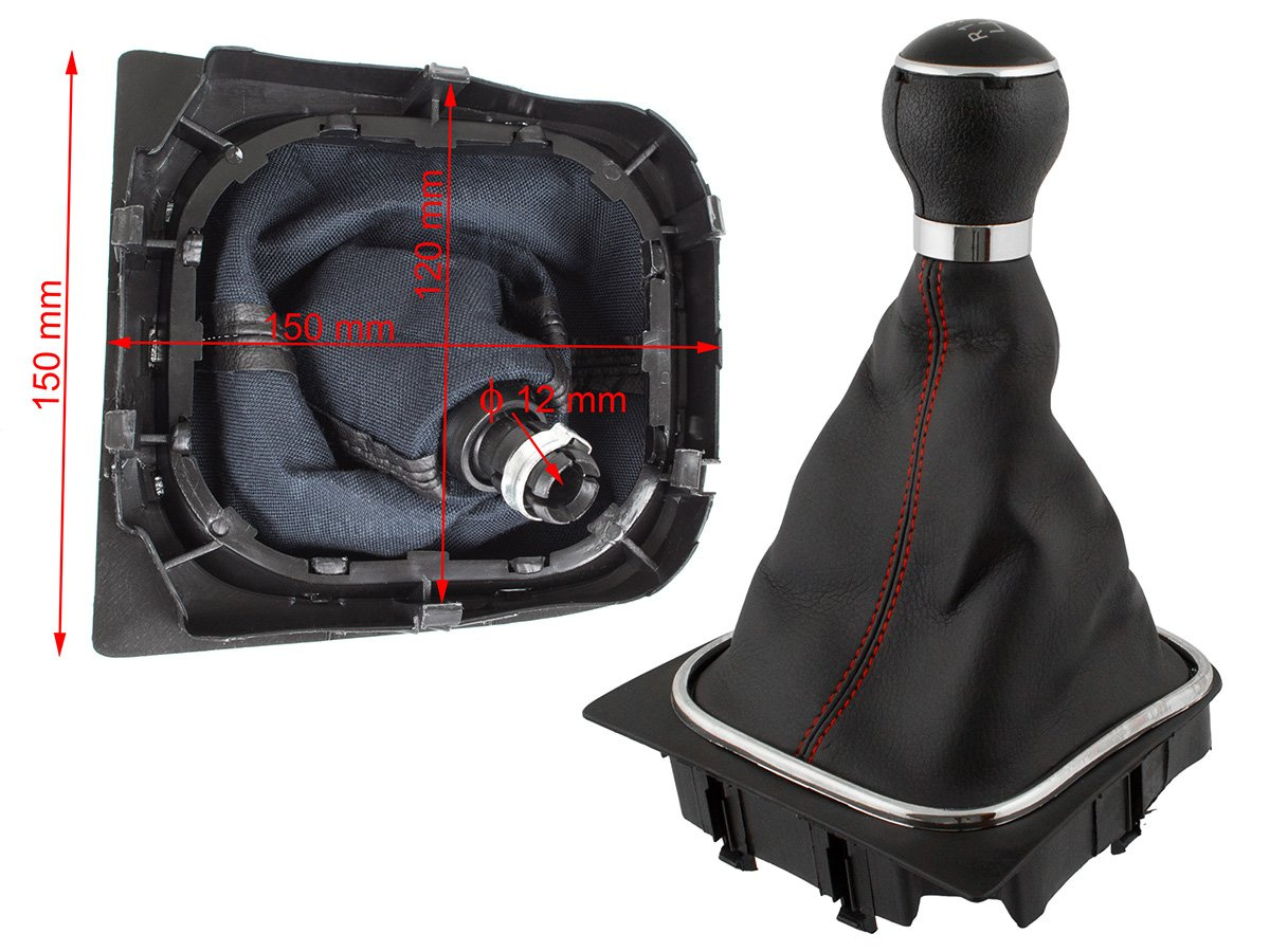 VW Golf VI 08-12 gałka zmiany biegów + CZARNY mieszek z CZERWONĄ nitką i ramką CHROM 6 BIEGÓW
