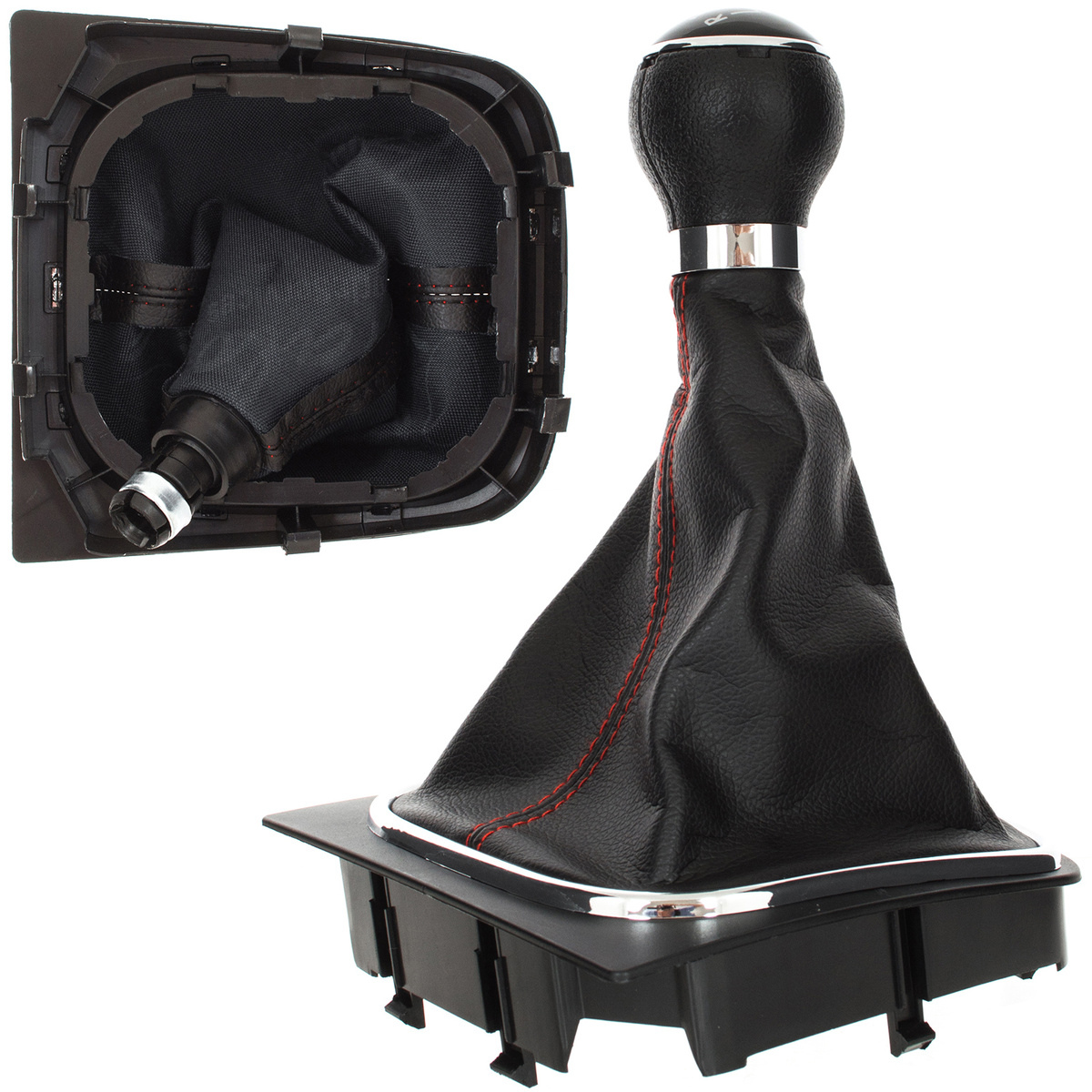 VW Caddy 04-09 gałka zmiany biegów + CZARNY mieszek z CZERWONĄ nitką i ramką CHROM 5 BIEGÓW