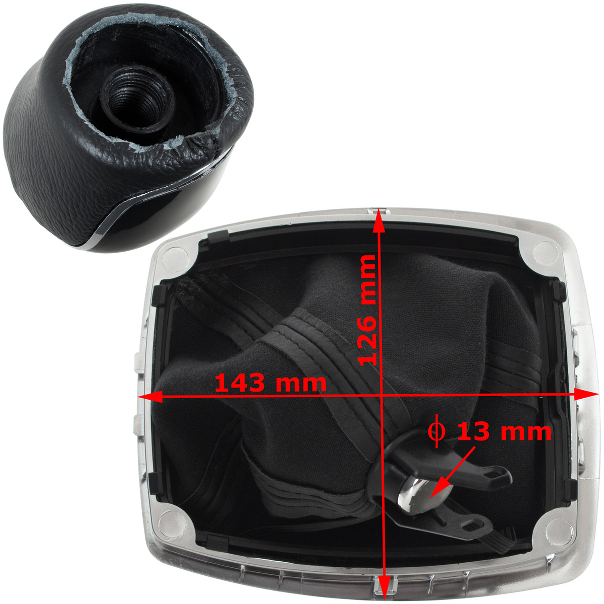Ford C-MAX 07-10 gałka zmiany biegów 6 BIEGÓW + mieszek ochronny drążka zmiany biegów CZARNY + CHROM + ramka SILVER 2 szt. KPL